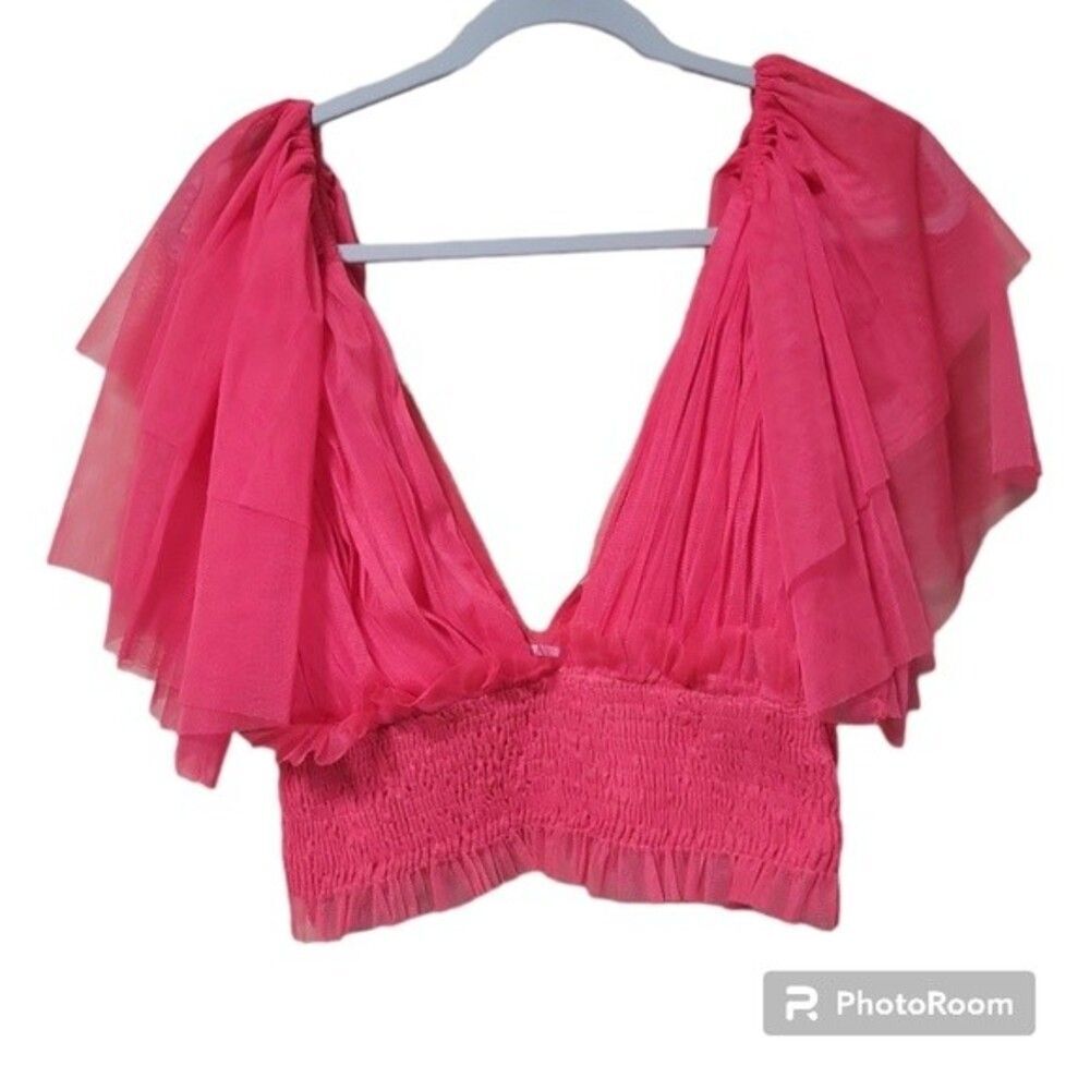 LACE & BEADS CORAL BUTTERFLY SLEEVE TULLE TOP - 12